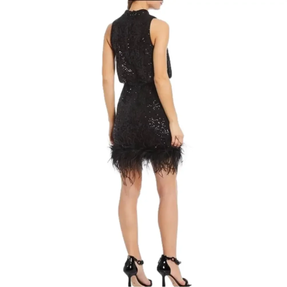 Eliza J Mock Neck Feather Hem Blouson Waist Sequin Sleeveless dress black 8P NWT - Picture 13 of 13